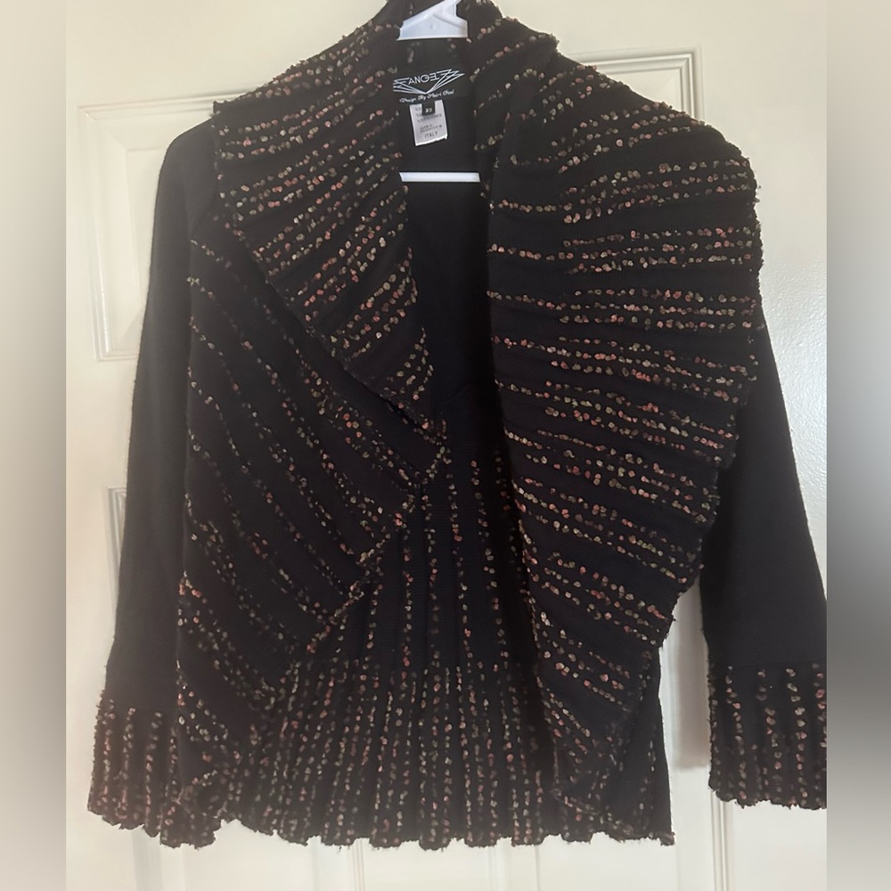 Gorgeous Angel by Sabri Ozel black short cardigan with multi color accent.